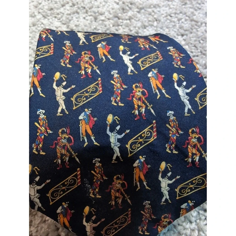 Salvatore Ferragamo Silk‎ Necktie Mens Harlequin Figures Blue Made in Italy